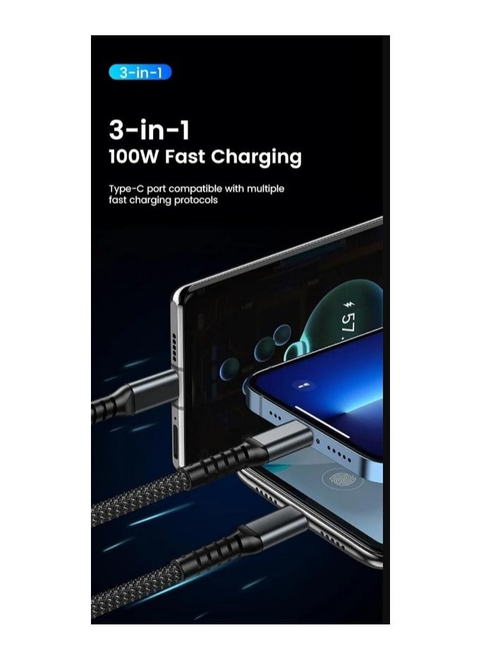 Generic - 3 in 1 Braided Multi USB Cable Fast Charging 6A/25W -Smart Chip- Thicker Version Compatible with Lightning/Micro/Type C - 3*1 Type C Multi Fast Charging Cable - Image 1