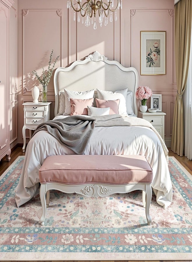 Deerly Pink Floral Area Rugs 5x7 Boho Washable Non-Slip Living Room Carpet Soft Low Pile Vintage Thin Bedroom Floor Mat Indoor for Playroom Nursery Kids Girls Room Farmhouse, Light Pink/Blue/Multi - Image 2