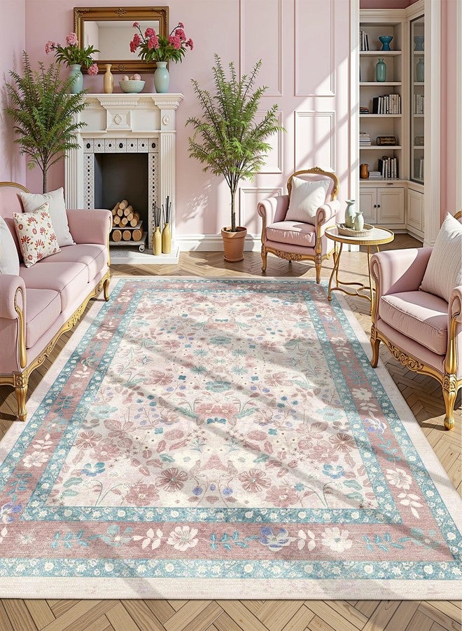 Deerly Pink Floral Area Rugs 5x7 Boho Washable Non-Slip Living Room Carpet Soft Low Pile Vintage Thin Bedroom Floor Mat Indoor for Playroom Nursery Kids Girls Room Farmhouse, Light Pink/Blue/Multi - Image 1