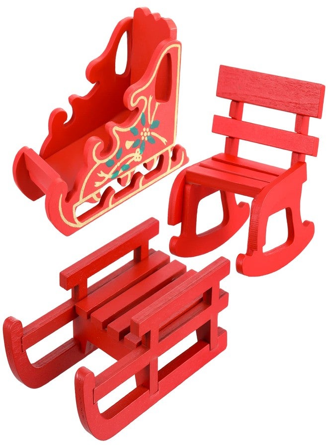 هونغداو 3 قطع من إكسسوارات بيت الدمية الخشبية لعيد الميلاد، وكرسي هزاز صغير ومقعد وزلاجة لتزيين أثاث الجنيات في العطلات وهدايا عيد الميلاد للأطفال - Image 1