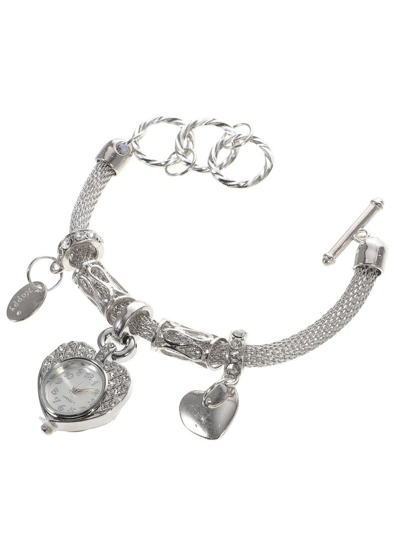 Elegant Crystal Heart Bracelet Watch for Women Silver Alloy Cuff Bangle Style - Image 1