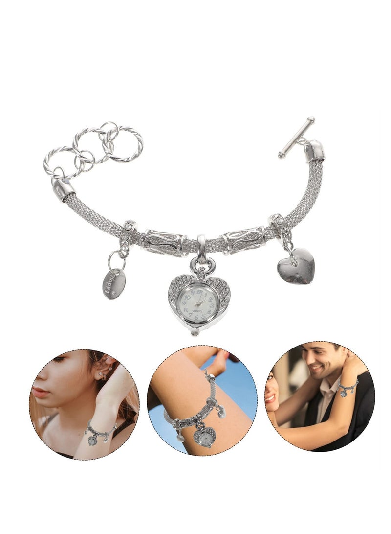 Elegant Crystal Heart Bracelet Watch for Women Silver Alloy Cuff Bangle Style - Image 2