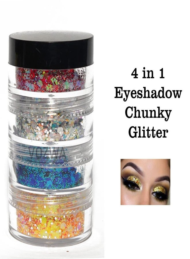 Vozwa 4 in 1 Eyeshadow Chunky and Fine Glitter Mix - (Red + Silver + Blue + Orange) - Image 4