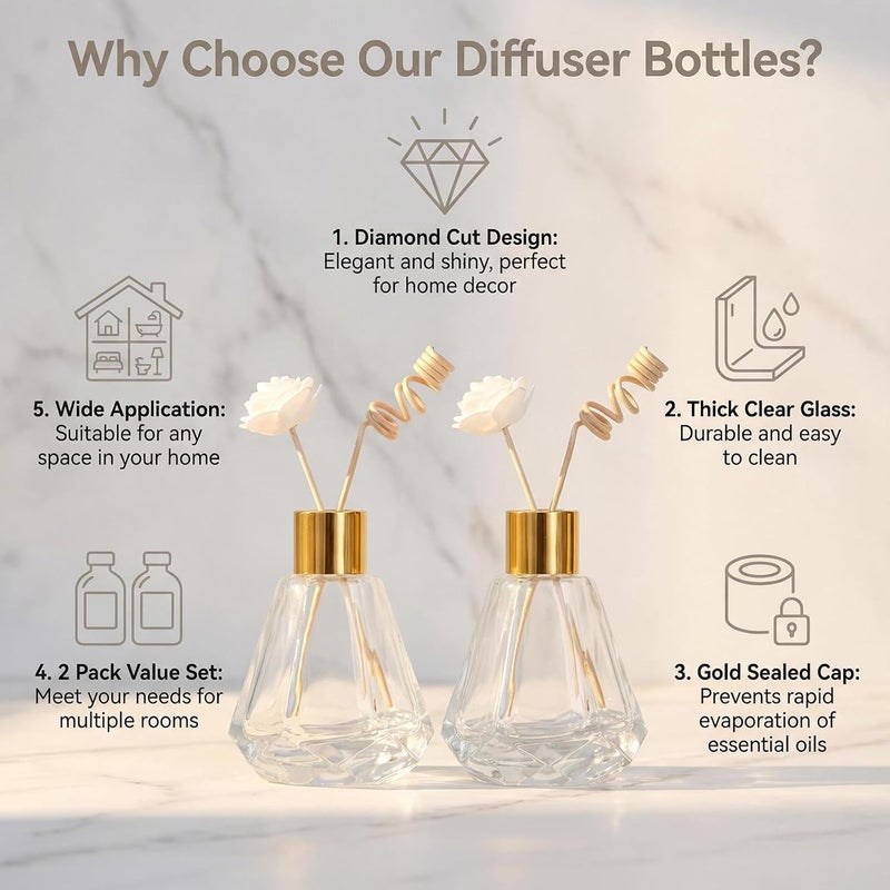 TOPWEL 2PCS 60ml/2oz Empty Refillable Transparent Glass Diffuser Bottle Diffuser Jars Aromatherapy Storage Container Fragrance Accessories Use for DIY Replacement Reed Diffuser Sticks Decor - Image 3