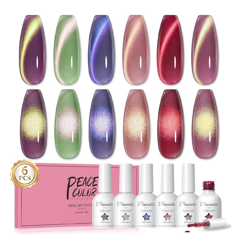 PEACECOLOR Cat Eye Gel Nail Polish Set, 6 Colors Glitter Red Green Purple Nude Sparkle Gel Polish Set Soak Off U V Lamp Magnetic Nail Polish Kit Gifts for Women DIY Home Salon - Image 1
