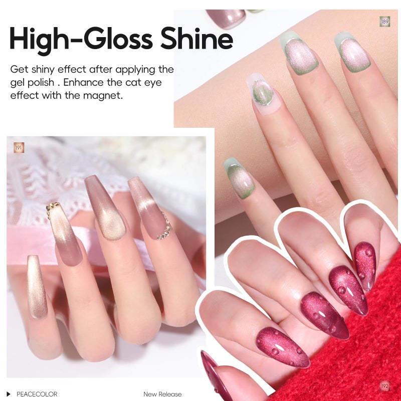 PEACECOLOR Cat Eye Gel Nail Polish Set, 6 Colors Glitter Red Green Purple Nude Sparkle Gel Polish Set Soak Off U V Lamp Magnetic Nail Polish Kit Gifts for Women DIY Home Salon - Image 2
