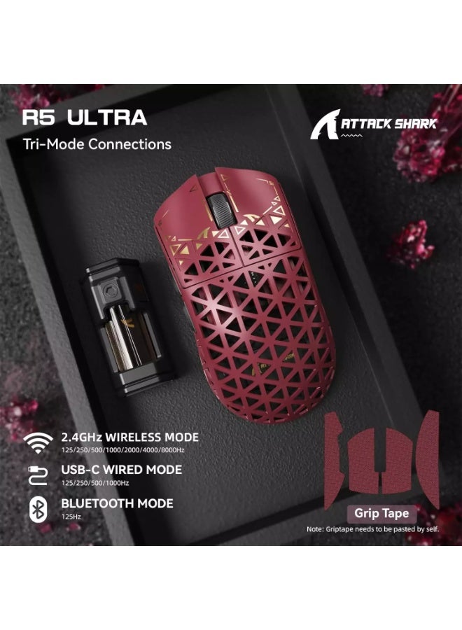 Attack Shark R5 Ultra Carbon Fiber Wireless Gaming Mouse – PAW3950MAX Sensor, 42,000 DPI, Dual 8KHz Polling, Tri-Mode Bluetooth 5.2, 2.4GHz & USB-C Wired, 39g Ultra-Light (Red) - Image 4