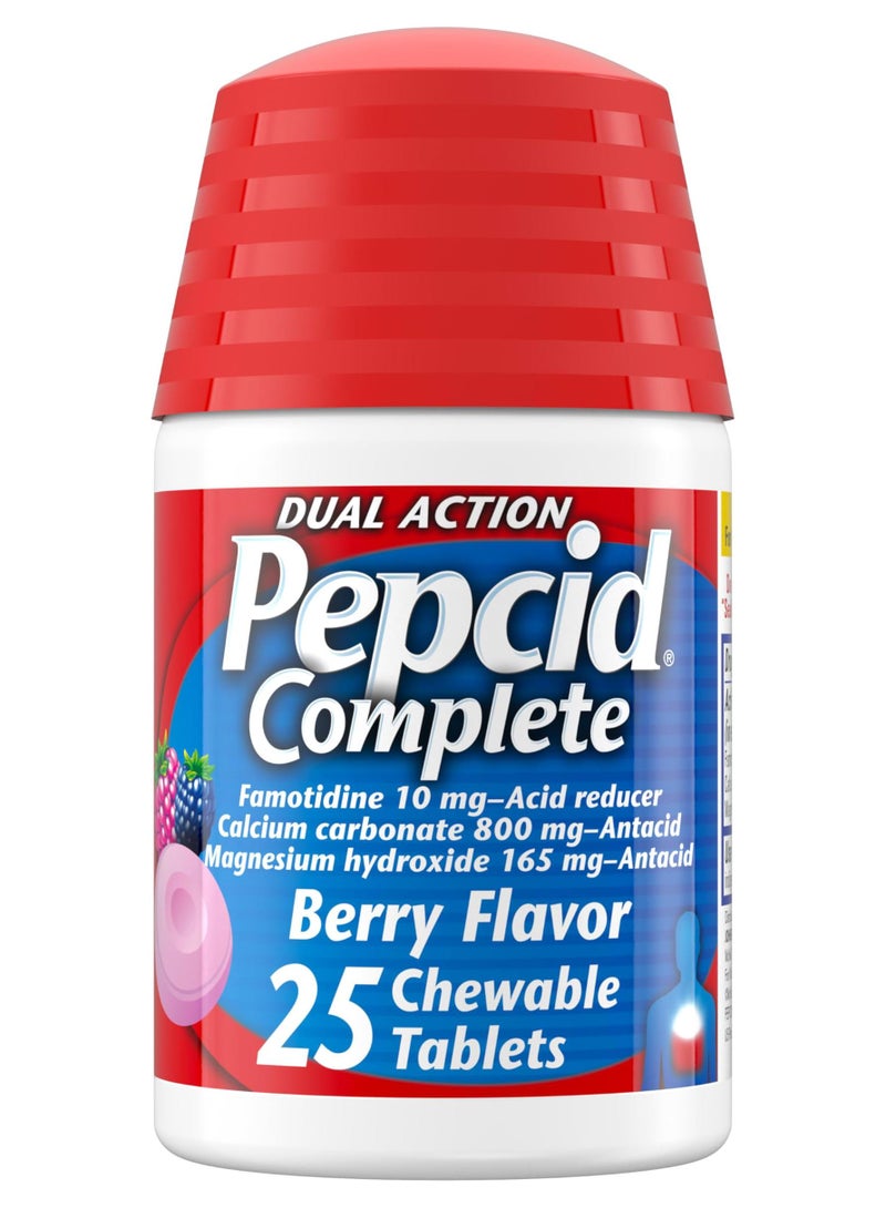 بيبسيد كومبليت مخفض الحموضة مضغوطات مضادة للحموضة 10 ملغ فاموتيدين 800 ملغ كربونات الكالسيوم 165 ملغ هيدروكسيد المغنيسيوم لكل قرص دواء حموضة مضغوطات بنكهة التوت 25 حبة