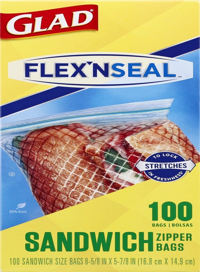 GLAD FLEXN' SEAL Zipper Food Storage Sandwich Bags, On-the-Go Snack and Lunch Bags, Zipper Sandwich Sealer, Microwave Safe, BPA Free, 100 Count (Pack of 1) - Image 1