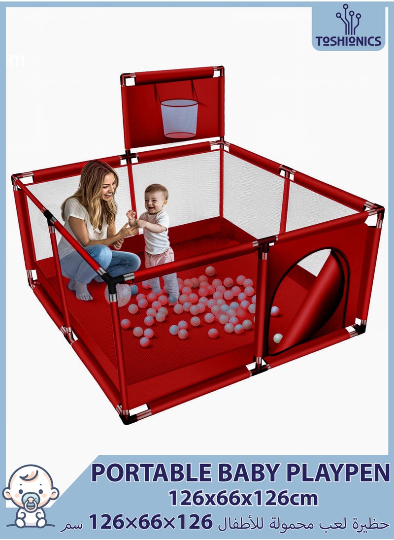 Toshionics Portable Baby Playpen Foldable Safety Fence for Kids & Toddlers Indoor & Outdoor Use Activity Center with 30 Balls Easy Fold Play Yard Baby Safety Playpen with Basketball Hoop  - Image 1
