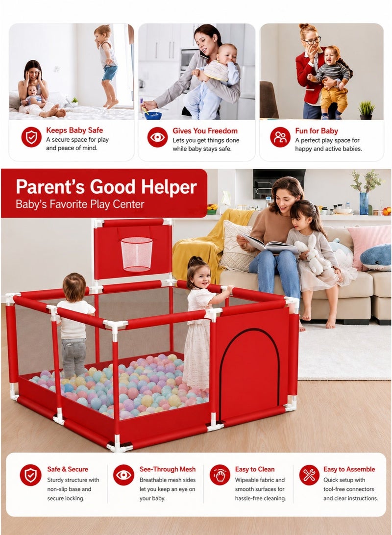 Toshionics Portable Baby Playpen Foldable Safety Fence for Kids & Toddlers Indoor & Outdoor Use Activity Center with 30 Balls Easy Fold Play Yard Baby Safety Playpen with Basketball Hoop - Image 3