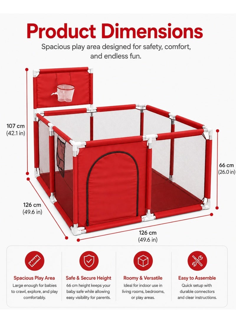 Toshionics Portable Baby Playpen Foldable Safety Fence for Kids & Toddlers Indoor & Outdoor Use Activity Center with 30 Balls Easy Fold Play Yard Baby Safety Playpen with Basketball Hoop - Image 5