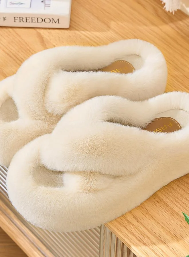 Take Two White Faux Fur Cross Band Slippers