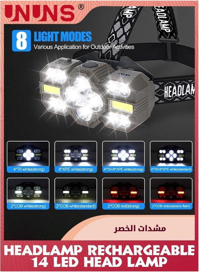 UNUNS Headlamp Rechargeable,14 LEDs Head Lamp,22000 Lumens ead Flashlight With Red Light,8+2 Modes Headlight,Waterproof Forehead Light,Emergency Hands-Free For Running Hiking Camping,Outdoor Gear - Image 2