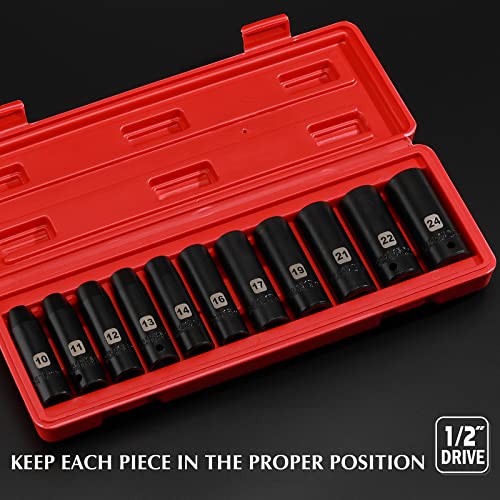 EMENTOL 11PCS 1/2 Inch Drive Deep Impact Socket Set, Metric, 6-Point, CR-V, 11 Pieces 1/2" Dr. Deep Socket Set, 10mm - 24mm - Image 5