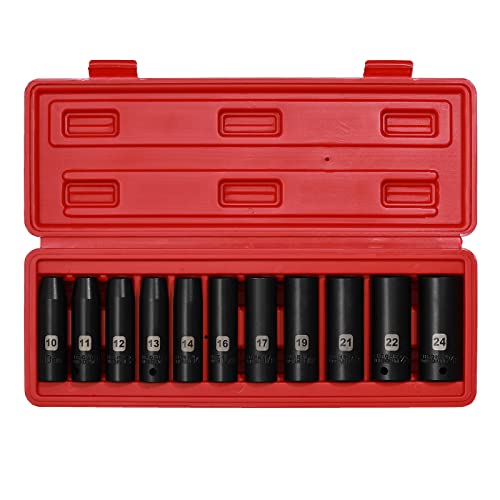 EMENTOL 11PCS 1/2 Inch Drive Deep Impact Socket Set, Metric, 6-Point, CR-V, 11 Pieces 1/2" Dr. Deep Socket Set, 10mm - 24mm - Image 1
