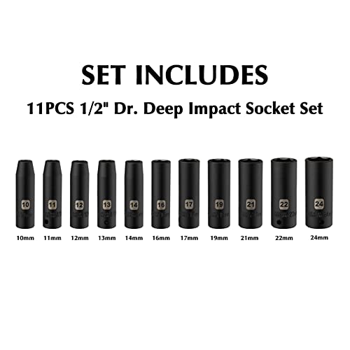 EMENTOL 11PCS 1/2 Inch Drive Deep Impact Socket Set, Metric, 6-Point, CR-V, 11 Pieces 1/2" Dr. Deep Socket Set, 10mm - 24mm - Image 2