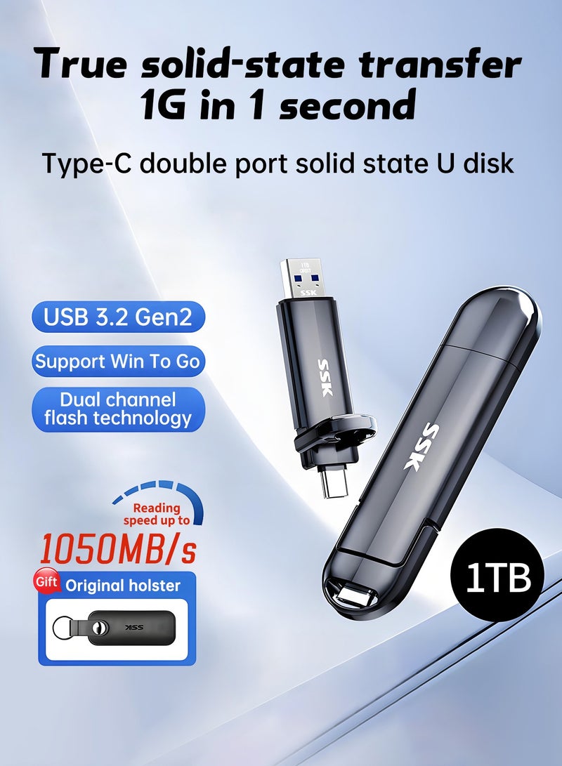 اس اس كي قرص SSD محمول بسعة 1 تيرابايت مع منفذ USB C، سرعة تصل إلى 1050 ميجابايت/ثانية، فلاش USB C سريع، قرص SSD خارجي بنوع C + USB A 3.2 الجيل الثاني، ذاكرة USB C لهواتف iPhone 15/PS4/أجهزة Android/الأجهزة اللوحية/Windows/Mac - Image 2