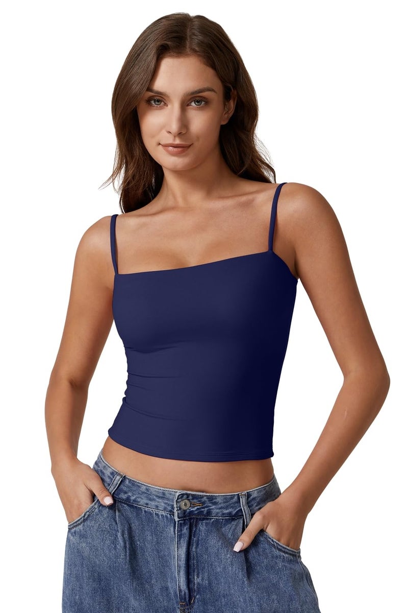 QINSEN Women's Square Neck Tank Top Adjustable Spaghetti Straps Sleeveless Basic Cami Shirts Estate Blue L - Image 2