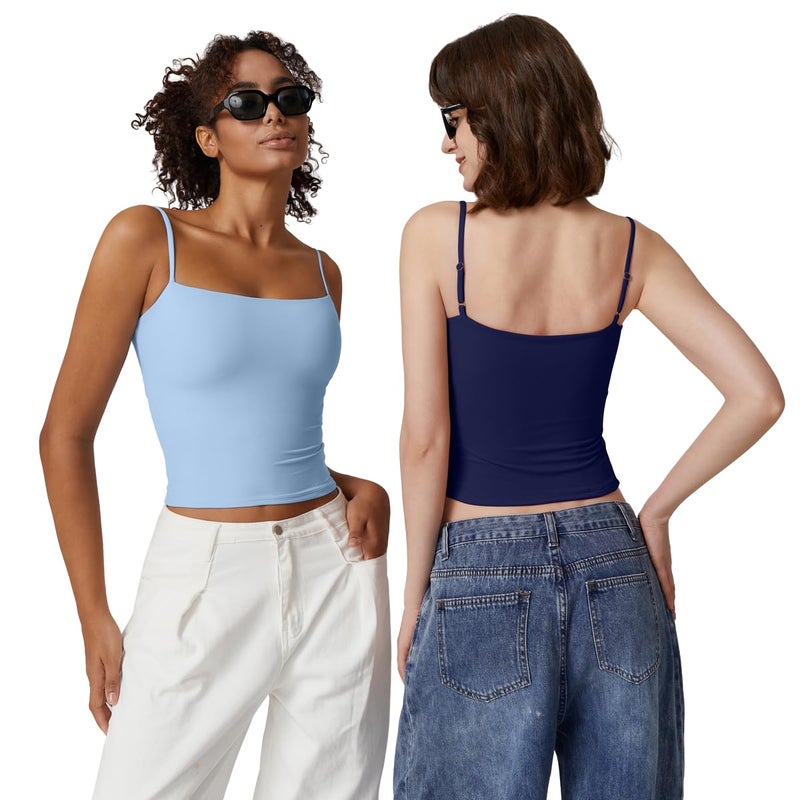 QINSEN Women's Square Neck Tank Top Adjustable Spaghetti Straps Sleeveless Basic Cami Shirts Estate Blue L - Image 5