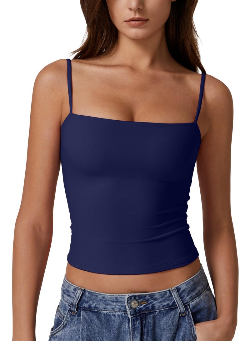 QINSEN Women's Square Neck Tank Top Adjustable Spaghetti Straps Sleeveless Basic Cami Shirts Estate Blue L - Image 1