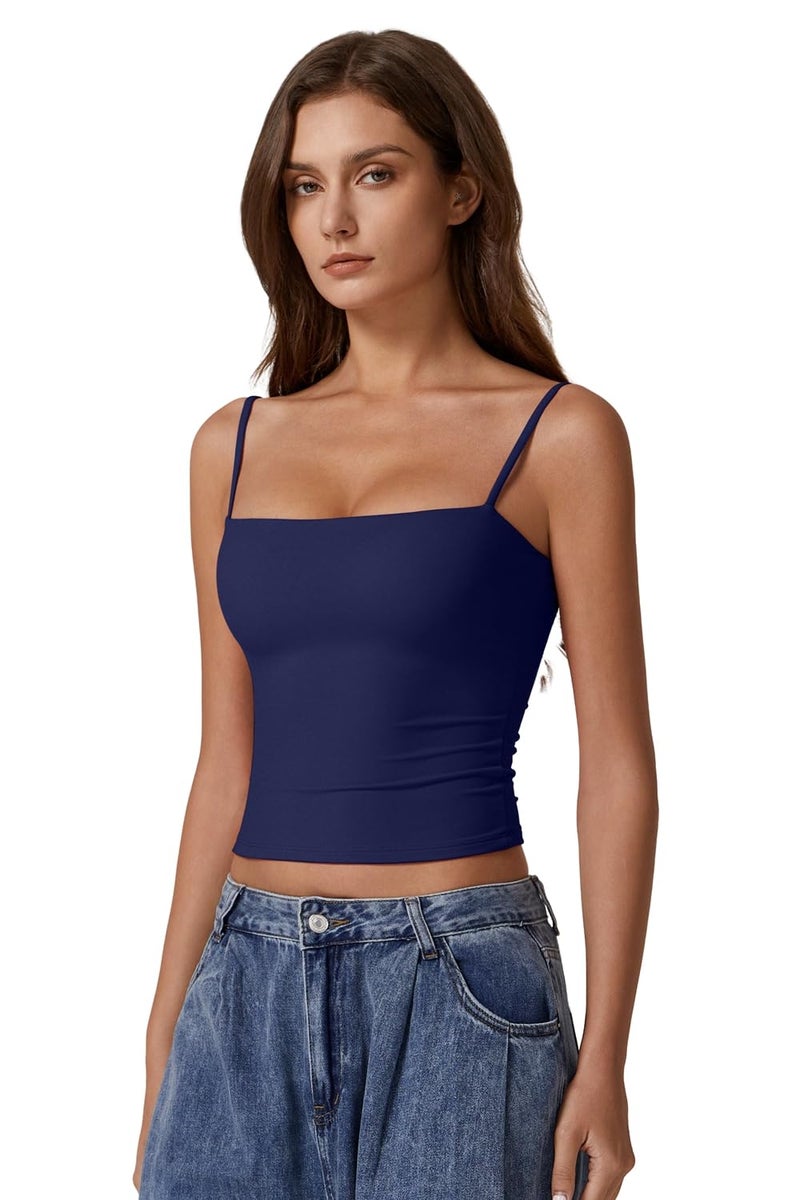 QINSEN Women's Square Neck Tank Top Adjustable Spaghetti Straps Sleeveless Basic Cami Shirts Estate Blue L - Image 3