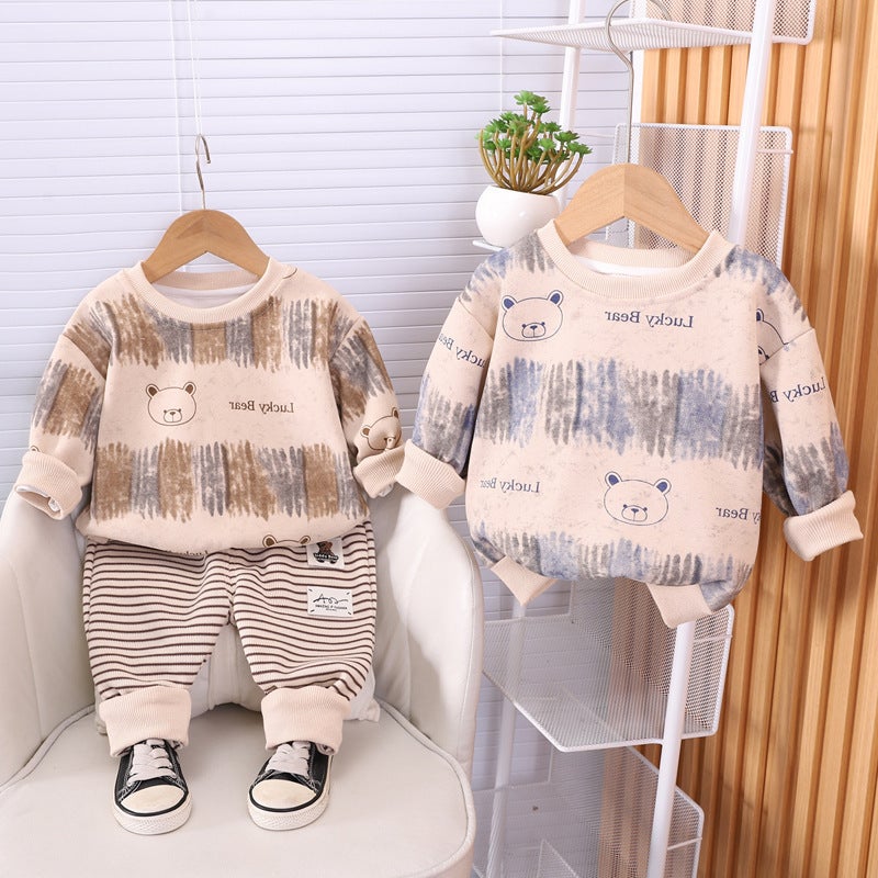 Children'S Casual Sports Autumn 2024 New Boy'S Round Neck Sweatshirt Long Sleeve Two-Piece Striped Children'S Pants - Image 2