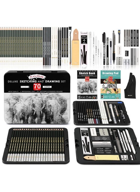 KALOUR 72-Pack Sketch Drawing Pencils Kit with Sketchbook and 3-color Drawing Paper,Tin Box,Include Graphite,Charcoal,Drawing Glove and Artists Tools,Pro Art Drawing Supplies for Beginner