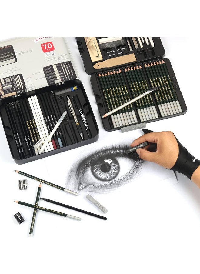 KALOUR - KALOUR 72-Pack Sketch Drawing Pencils Kit with Sketchbook and 3-color Drawing Paper,Tin Box,Include Graphite,Charcoal,Drawing Glove and Artists Tools,Pro Art Drawing Supplies for Beginner - Image 1