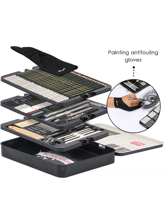 KALOUR - KALOUR 72-Pack Sketch Drawing Pencils Kit with Sketchbook and 3-color Drawing Paper,Tin Box,Include Graphite,Charcoal,Drawing Glove and Artists Tools,Pro Art Drawing Supplies for Beginner - Image 1