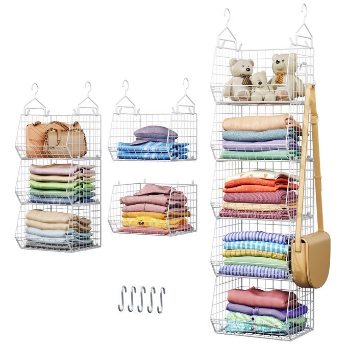 5 TIER CLOSET HANGING ORGANIZER CLOTHES HANGING SHELVES WITH 4 HANGING HOOKS 5 S HOOKS WIRE STORAGE BASKET BINS FOR CLOTHING SWEATERS SHOES HANDBAGS CLUTCHES ACCESSORIES PATENT DESIGNWHITE