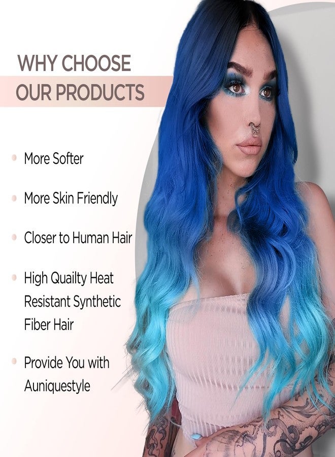 Quantum Love Long Blue Wavy Wigs Ombre Blue Body Wave Mermaid Hair Wig for Women Middle Part Bluish Green Curly Synthetic Hair for Daily Party Use - Image 4