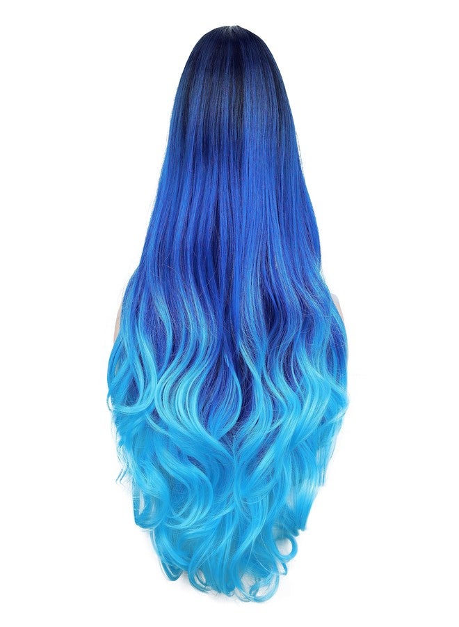 Quantum Love Long Blue Wavy Wigs Ombre Blue Body Wave Mermaid Hair Wig for Women Middle Part Bluish Green Curly Synthetic Hair for Daily Party Use - Image 3
