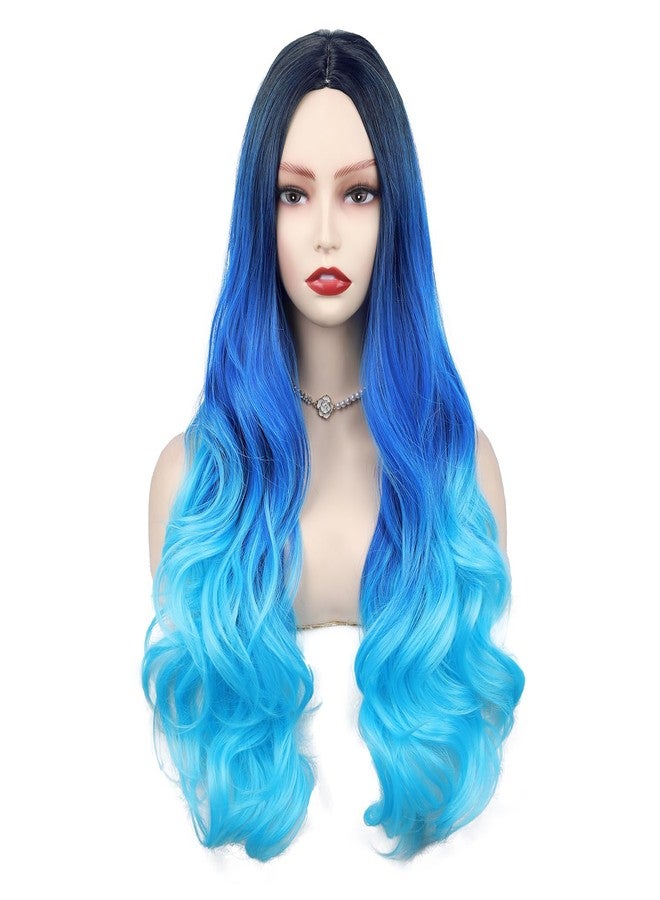 Quantum Love Long Blue Wavy Wigs Ombre Blue Body Wave Mermaid Hair Wig for Women Middle Part Bluish Green Curly Synthetic Hair for Daily Party Use - Image 2
