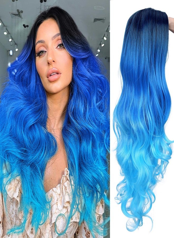 Quantum Love Long Blue Wavy Wigs Ombre Blue Body Wave Mermaid Hair Wig for Women Middle Part Bluish Green Curly Synthetic Hair for Daily Party Use - Image 5
