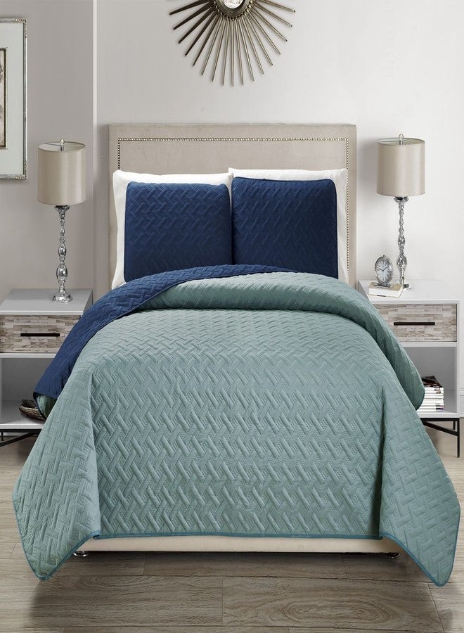 KingLinen Embossed Geometric Reversible Bedspread/Quilt/Coverlet with Sham Set (Navy, King) - Image 3