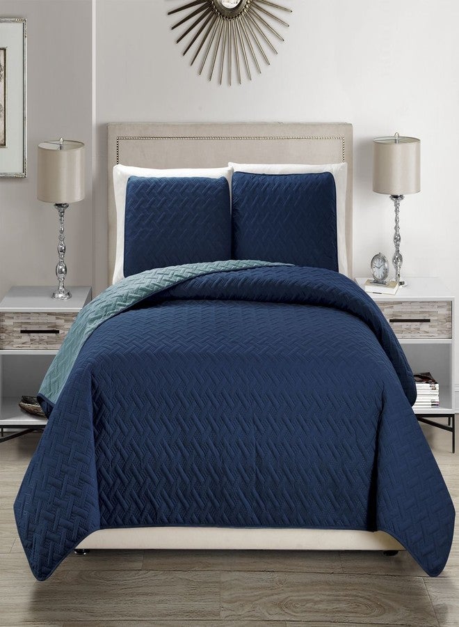 KingLinen Embossed Geometric Reversible Bedspread/Quilt/Coverlet with Sham Set (Navy, King) - Image 2