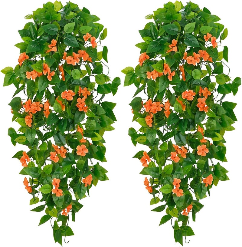 BLEUM CADE Artificial Hanging Flowers for Outdoors, 2pcs Fake Hanging Plants Pothos Vines with Orange Flowers for Wall Home Living Room Indoor Outdoor Decor (No Baskets) - Image 1