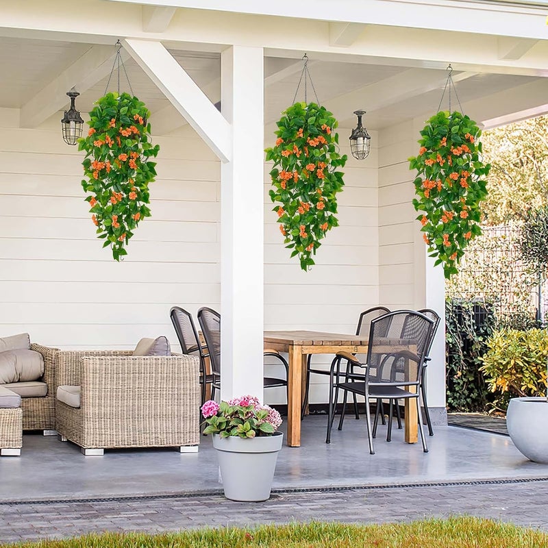 BLEUM CADE Artificial Hanging Flowers for Outdoors, 2pcs Fake Hanging Plants Pothos Vines with Orange Flowers for Wall Home Living Room Indoor Outdoor Decor (No Baskets) - Image 5