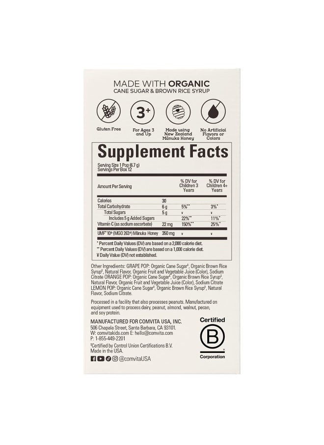 Comvita Comvita, Kids, Manuka Honey Soothing Lollipops, Ages 3 and Up, Lemon, Orange, Grape, 12 Pops, 2.84 oz (80.4 g)  - Image 2