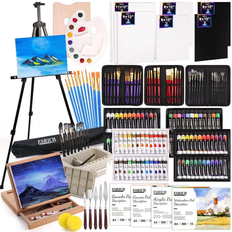ESRICH 166 Pcs Painting Set Painting Supplies with 96 PaintOil WatercolorGouache  Acrylic Paint Metal and Wooden Easels Canvas Paper Pads 45 Paintbrushes etc for Adults Kids Artists