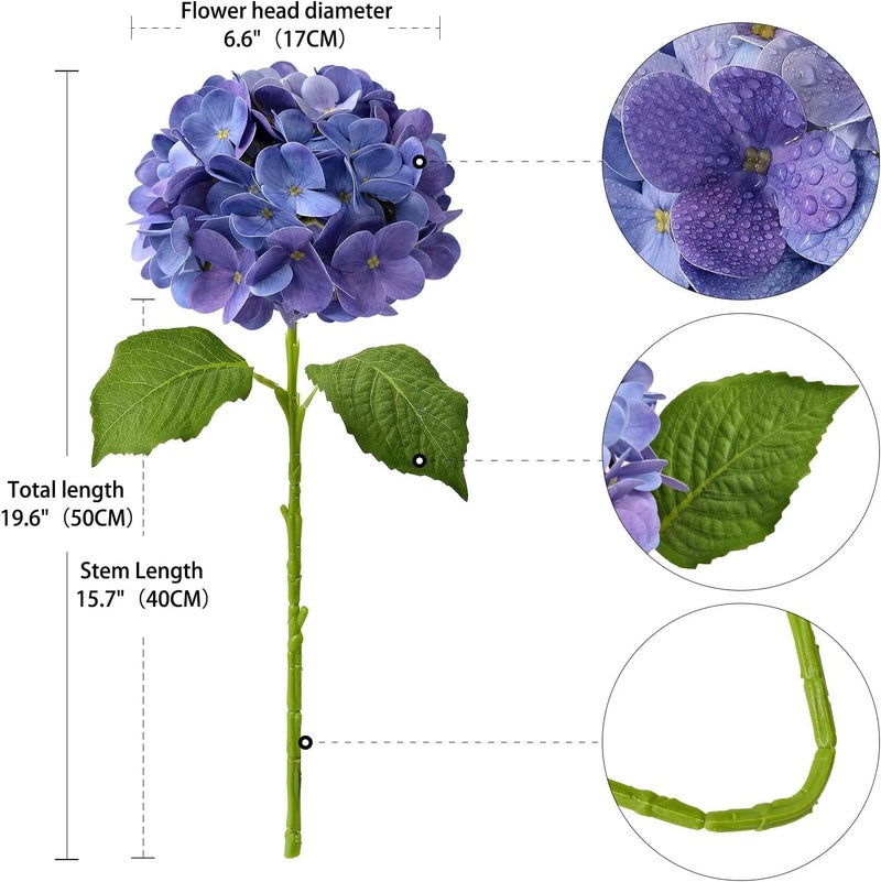 ZYTUYO 4PCS 19.6Inch Violet Blue Faux Hydrangea Artificial Flowers Silk Latex Realistic Full Large Hydrangeas Spring Long Stem Leaves Bouquet Plants for Tall Vase Table Garden Arrangements - Image 3