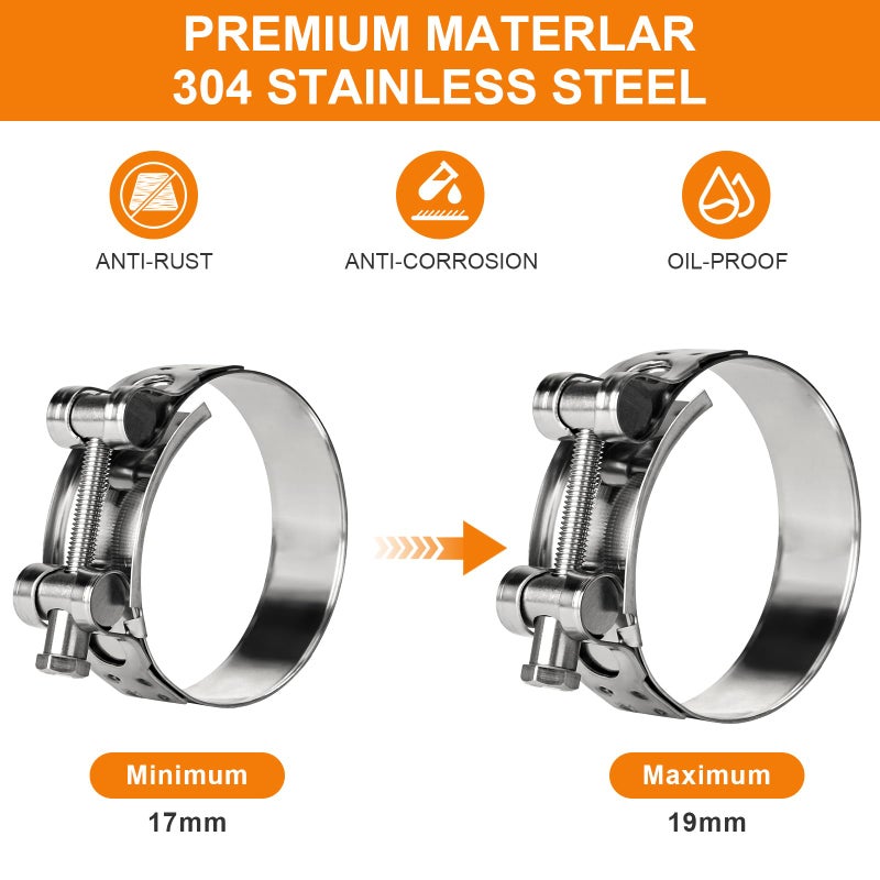 Sieqioor T-Bolt Hose Clamps 304 Stainless Steel (17-19mm 4-Pack) - Heavy Duty Adjustable Clamp for Automotive, Plumbing & Industrial Pipes - Corrosion Resistant, Secure Seal - Image 3