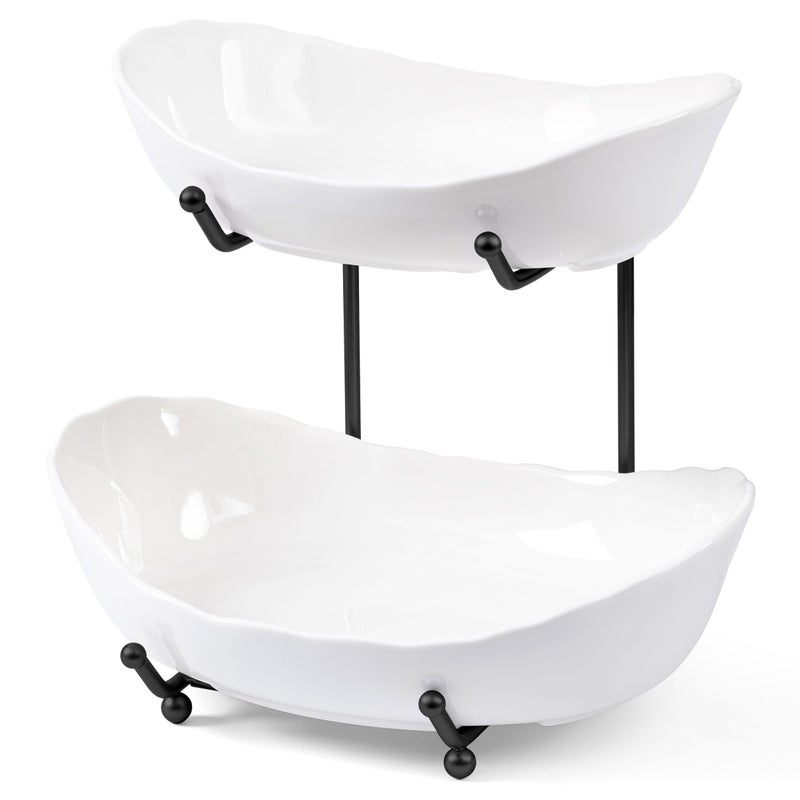 HBlife Fruit Bowl for Kitchen Counter 2 Tier Ceramic Fruit Rack Fruit Basket for Fresh FruitVeggies Tiered Fruit Platter Serving Trays for Party - Image 2