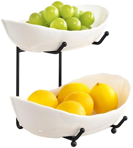 HBlife Fruit Bowl for Kitchen Counter 2 Tier Ceramic Fruit Rack Fruit Basket for Fresh FruitVeggies Tiered Fruit Platter Serving Trays for Party - Image 3