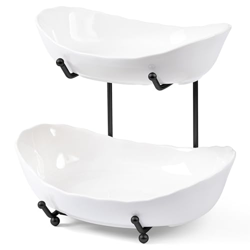HBlife Fruit Bowl for Kitchen Counter 2 Tier Ceramic Fruit Rack Fruit Basket for Fresh FruitVeggies Tiered Fruit Platter Serving Trays for Party - Image 1