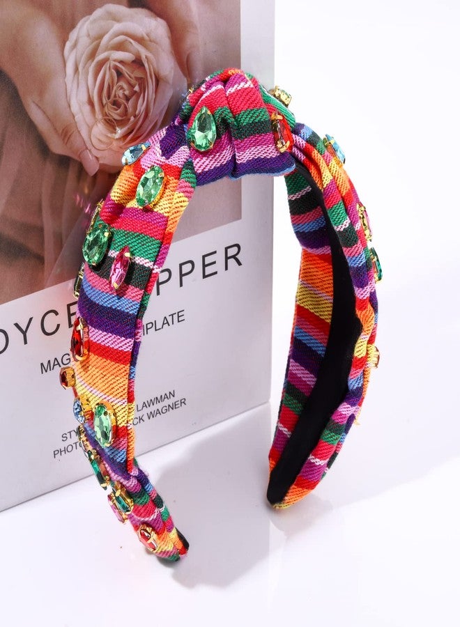 HSWE Crystal Velvet Headband Cross Knotted Turban Headdress Colorful rhinestone Statement Wide Hair Band Hoop Accessories For Women (Colorful) - Image 2
