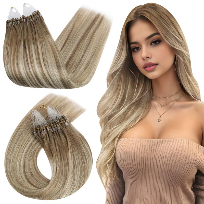 Ugeat Micro Link Hair Extensions Balayage Micro Hair Extensions Human Hair Balayage Light Brown Mix Platinum Blonde Microloop Hair Extension Human Hair for Women 16 Inch 57G 50S - Image 3