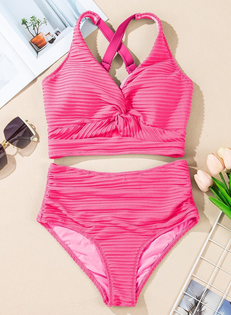 Herseas Women's Bikini Sets Twist Front Top Swimsuits High Waisted Textured Push Up Hot Pink Tummy Control Long Torso Bathing Modest Beach Vacation Outfits 2026 Summer X-Large - Image 5