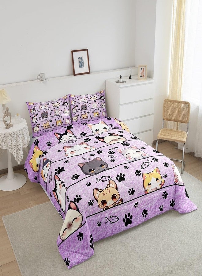 Man Fei Manfei Cartoon Cat Twin Size Comforter Set,Kitten Kitty Pet Purple Quilt Set Soft Bed Collection,Cute Animals Bedding Comforter for Boys Girls Room Decor,2 Pcs - Image 2